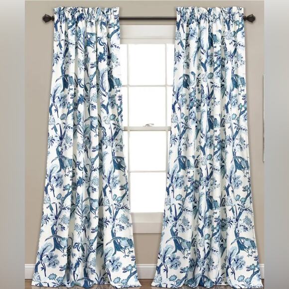 Lush Decor Blue Floral Bird Toile Print Light Filtering Curtains 52”W x 84”L NWT - Picture 1 of 13